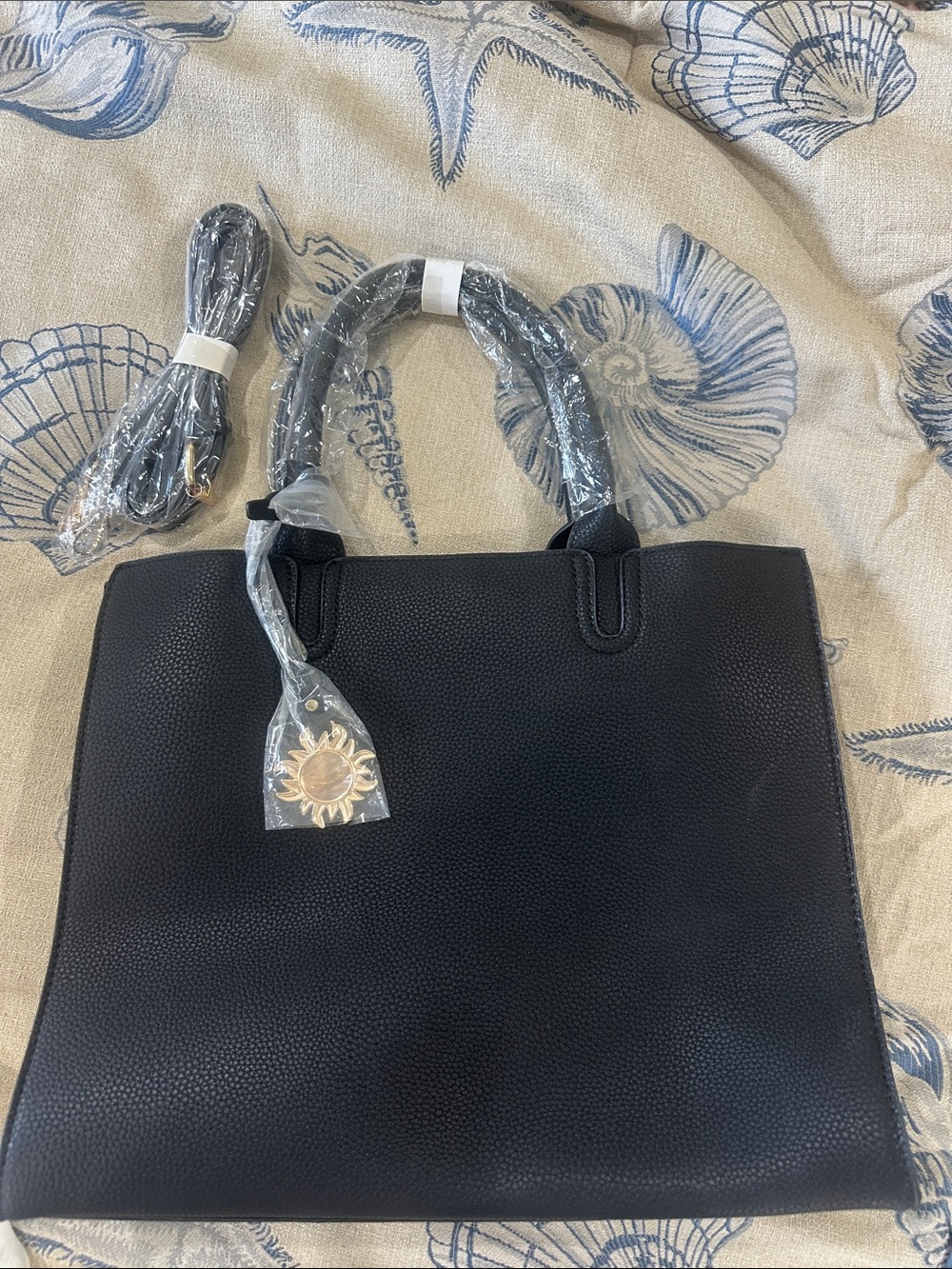 Black Structured Tote Bag with Gold Sun Charm